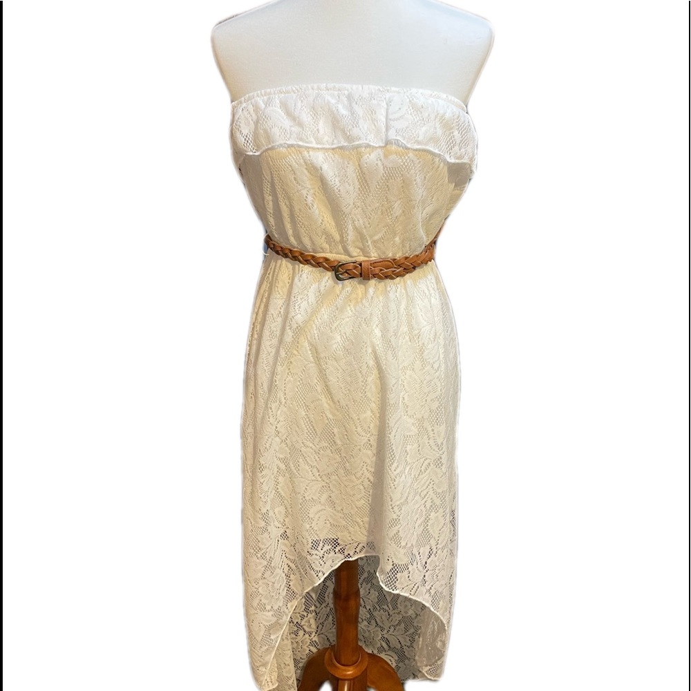 SLEEVELESS LACE HIGH LOW FLOWY WHITE BELTED DRESS